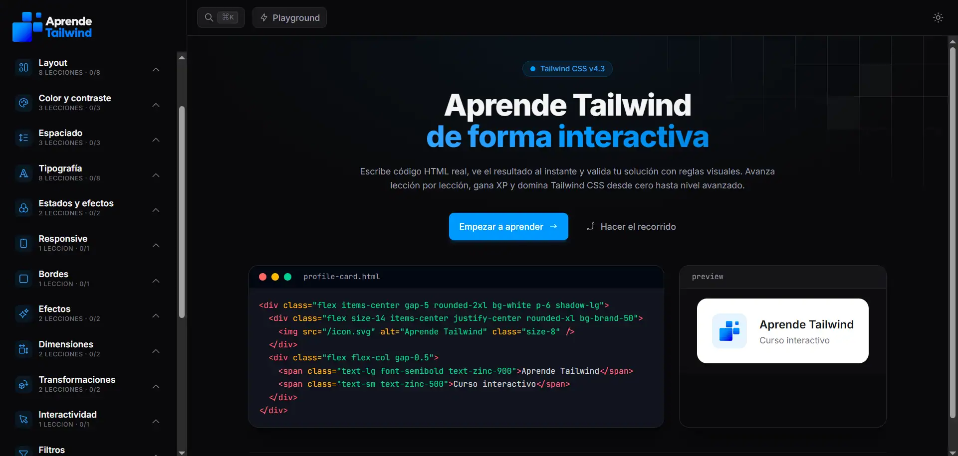 Aprende Tailwind — Simulador educativo interactivo de Tailwind CSS